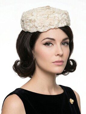 Vintage 1960s Cream Floral Pillbox Hat Bridal Wedding Church Mid Century Mod